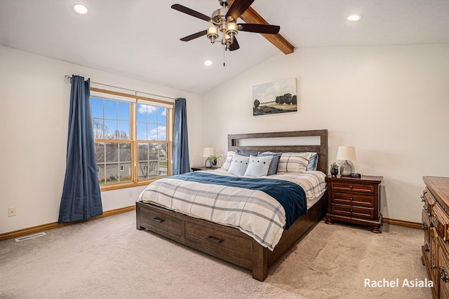 carpeted bedroom featuring recessed lighting, visible vents, vaulted ceiling with beams, and baseboards