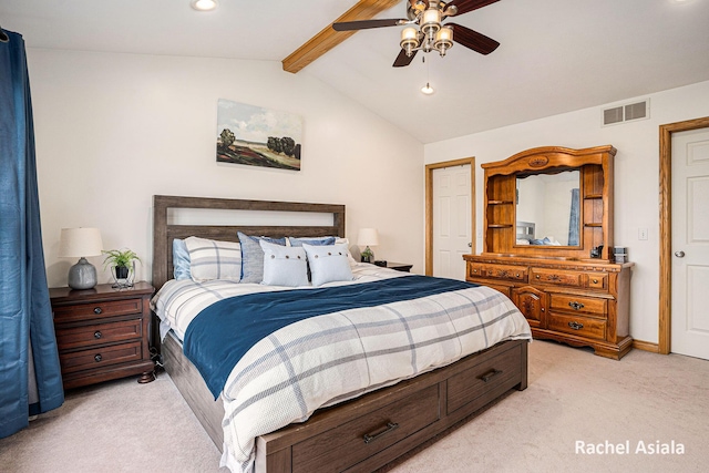 bedroom featuring light carpet, visible vents, lofted ceiling with beams, ceiling fan, and recessed lighting