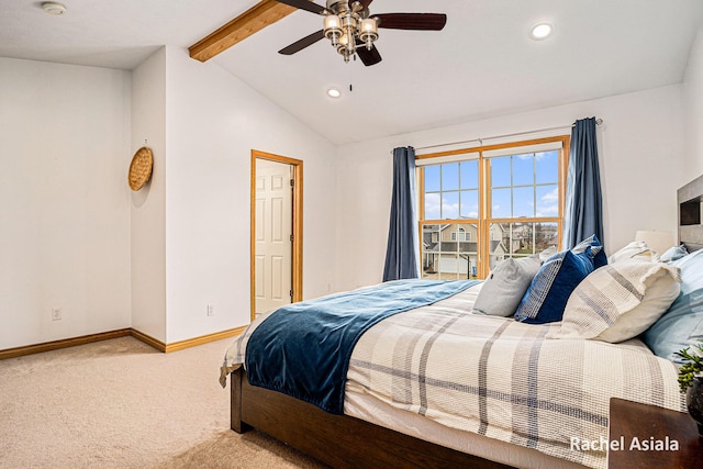 bedroom with carpet floors, vaulted ceiling with beams, baseboards, and recessed lighting