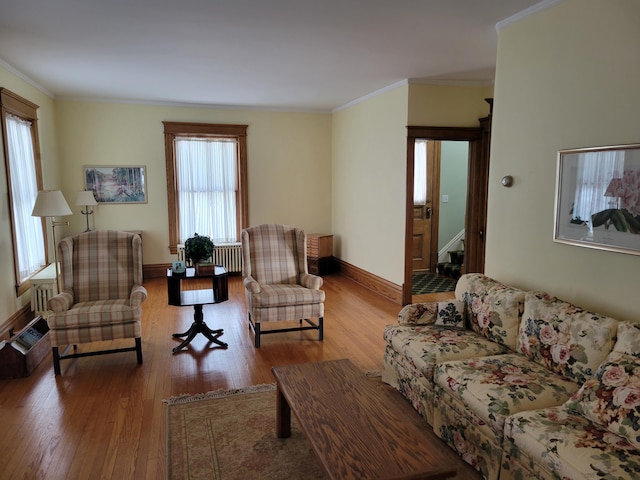 living room featuring light wood-style flooring, ornamental molding, and baseboards