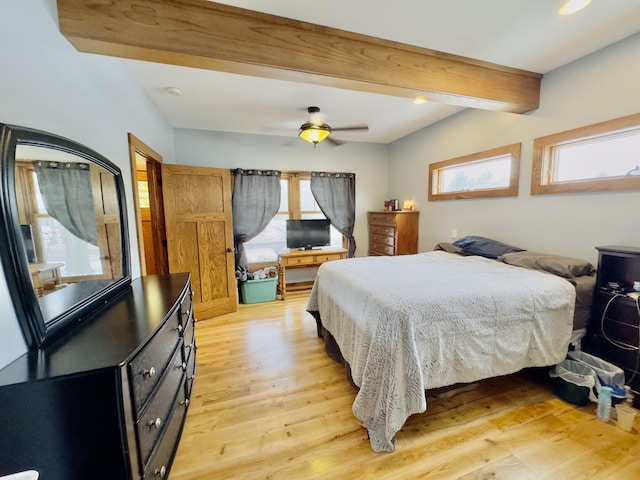 bedroom featuring light wood-style flooring, beam ceiling, and recessed lighting