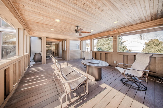 sunroom / solarium featuring ceiling fan and wooden ceiling