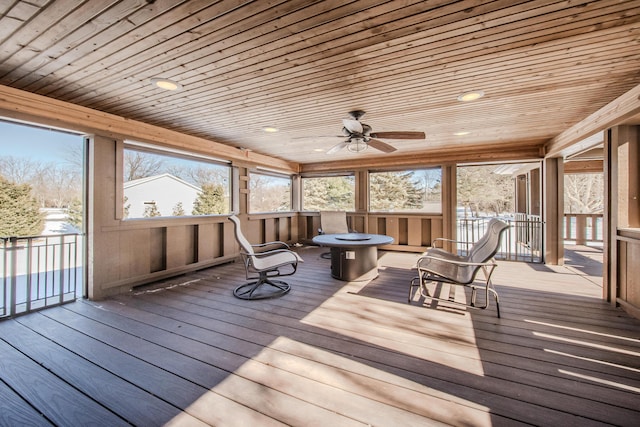 unfurnished sunroom featuring wooden ceiling and a wealth of natural light