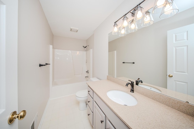 bathroom featuring toilet, visible vents,  shower combination, and vanity