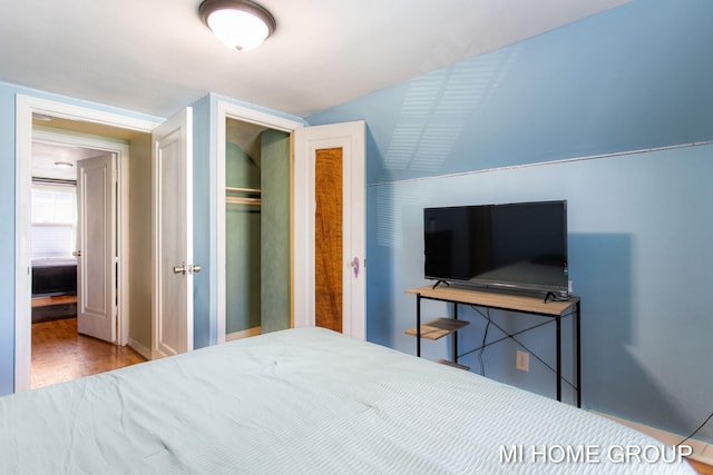 bedroom with a closet and wood finished floors