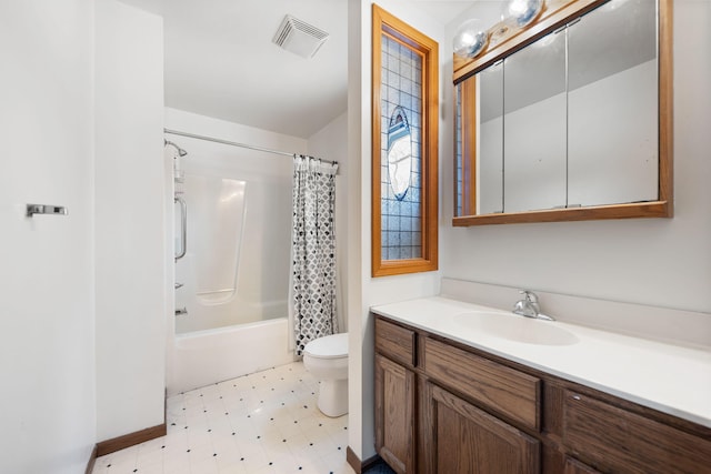 full bathroom with shower / bath combination with curtain, visible vents, toilet, vanity, and tile patterned floors