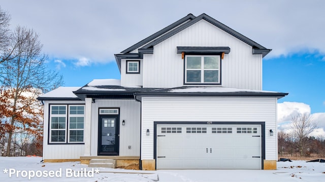 modern farmhouse featuring a garage and entry steps