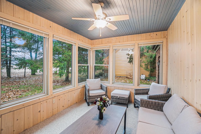 sunroom / solarium featuring wood ceiling, a healthy amount of sunlight, and ceiling fan