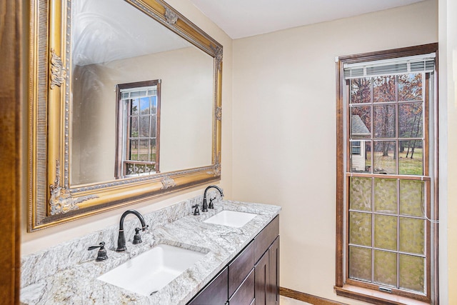 full bathroom featuring double vanity, a sink, and a healthy amount of sunlight