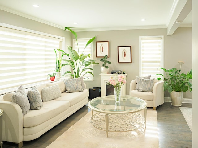 living room featuring dark wood-style floors, recessed lighting, baseboards, and crown molding