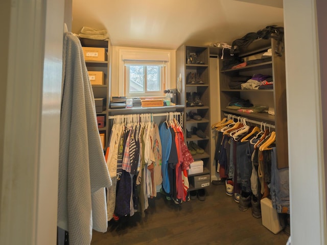 walk in closet featuring dark wood-style floors