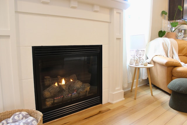 room details featuring wood finished floors and a glass covered fireplace