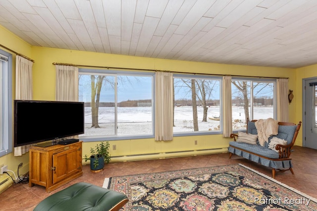 tiled living area with a baseboard radiator and wood ceiling