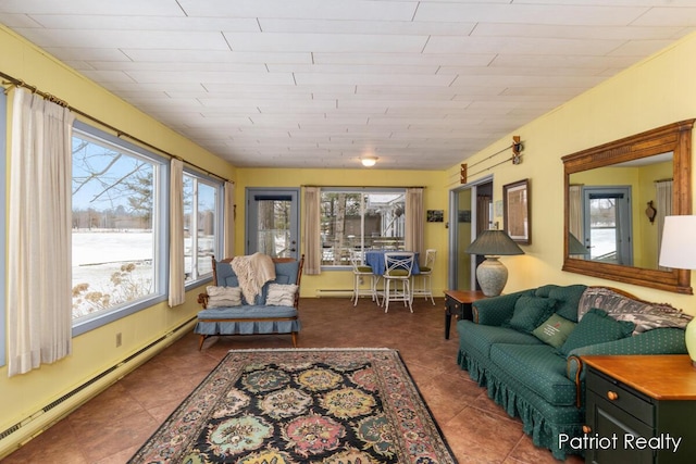 tiled living room featuring a baseboard radiator