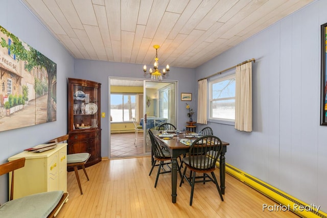 dining room featuring a baseboard heating unit, wood ceiling, a chandelier, and light wood-style floors