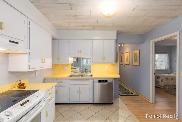 kitchen with a sink, white cabinetry, electric stove, stainless steel dishwasher, and light countertops