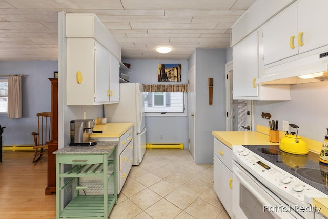 kitchen with white appliances, wooden ceiling, light countertops, under cabinet range hood, and white cabinetry