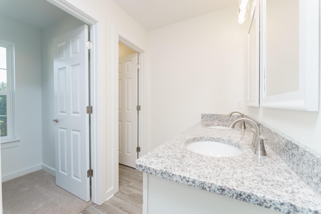 bathroom featuring wood finished floors, a sink, baseboards, and double vanity