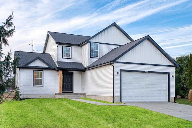 modern farmhouse style home featuring an attached garage, a front lawn, concrete driveway, and roof with shingles