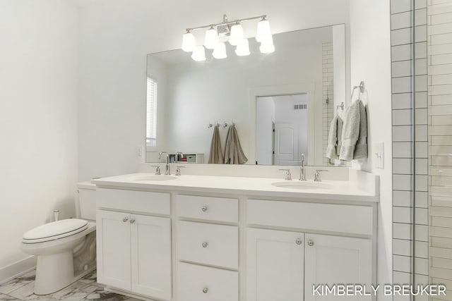 full bathroom with marble finish floor, visible vents, a sink, and toilet