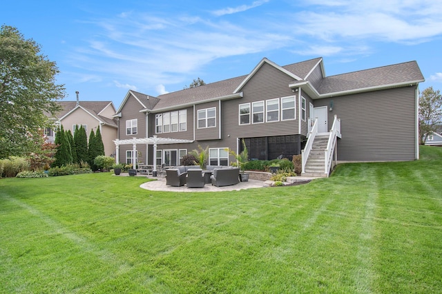 rear view of property featuring stairs, a lawn, an outdoor living space, and a pergola