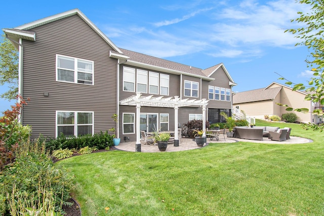 rear view of house featuring a yard, a patio, an outdoor living space, and a pergola