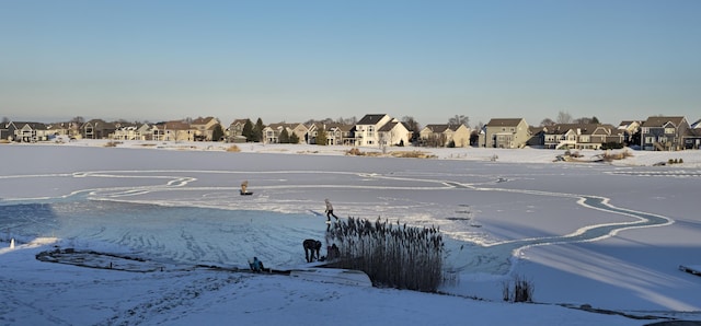 yard covered in snow featuring a residential view