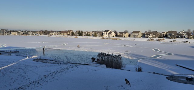 yard covered in snow with a residential view