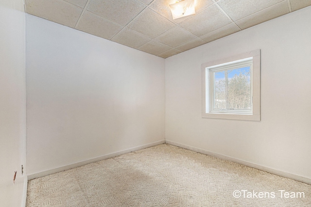 unfurnished room with carpet floors, a drop ceiling, and baseboards