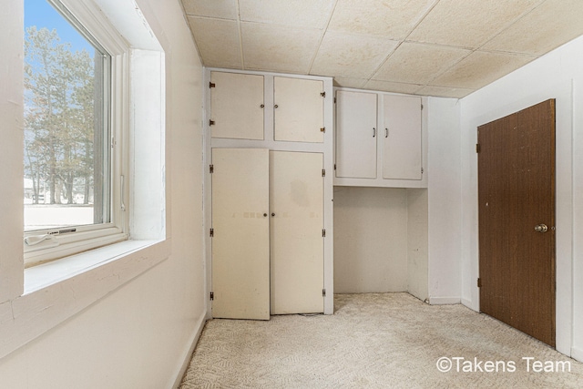 interior space with a paneled ceiling and light colored carpet