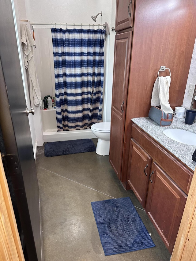 full bath with concrete flooring, a shower stall, toilet, and vanity