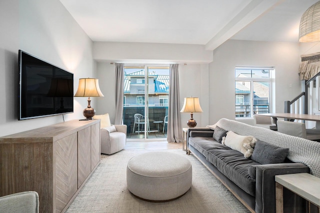 living room with plenty of natural light and light wood-style flooring