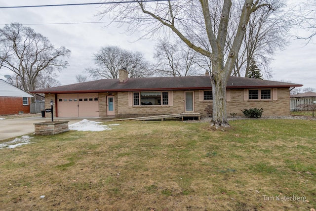 single story home featuring a chimney, an attached garage, fence, and a front yard