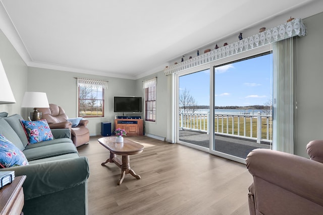 living room with light wood-type flooring, crown molding, and baseboards