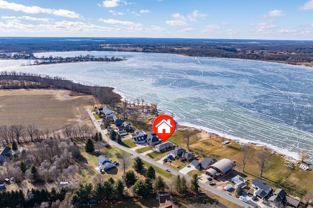 bird's eye view with a water view