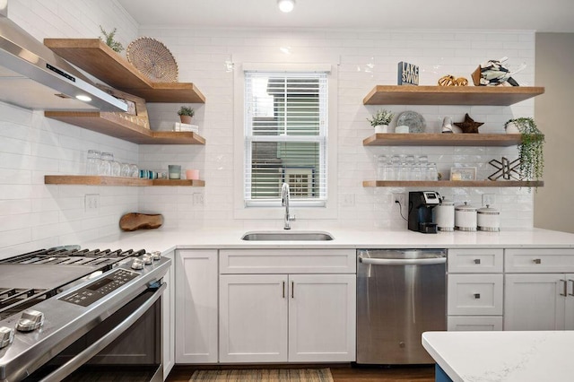 kitchen with white cabinets, appliances with stainless steel finishes, open shelves, and a sink