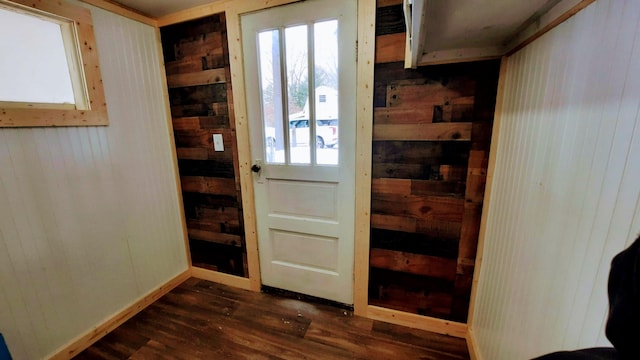 doorway to outside featuring wood walls, baseboards, and dark wood-type flooring