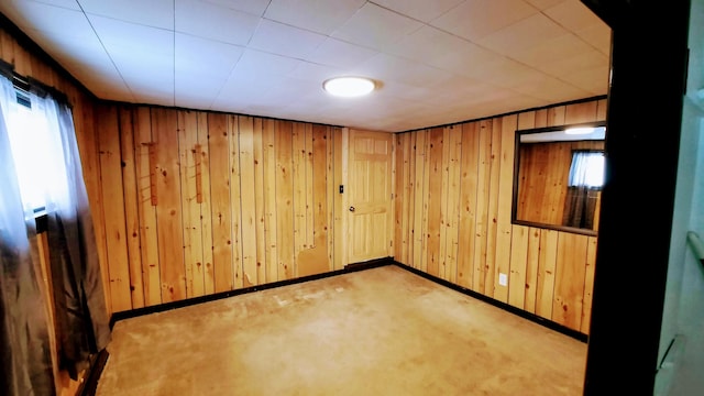 unfurnished room featuring baseboards, a wealth of natural light, and wooden walls