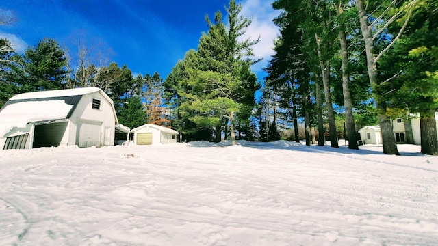 view of yard with a garage and an outbuilding