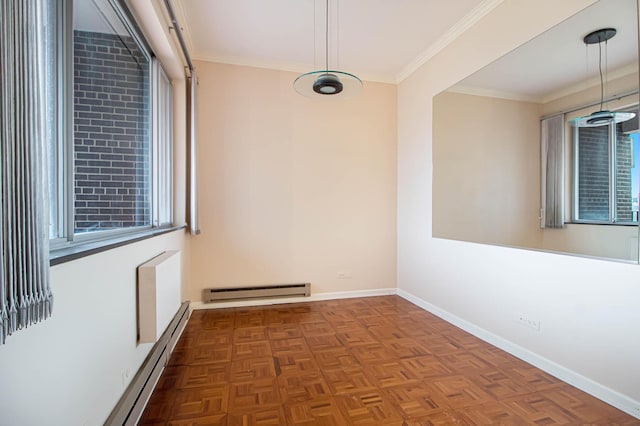 unfurnished room featuring a baseboard radiator, crown molding, and baseboards