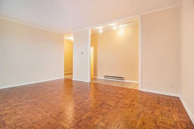 unfurnished room with a baseboard radiator, crown molding, and baseboards