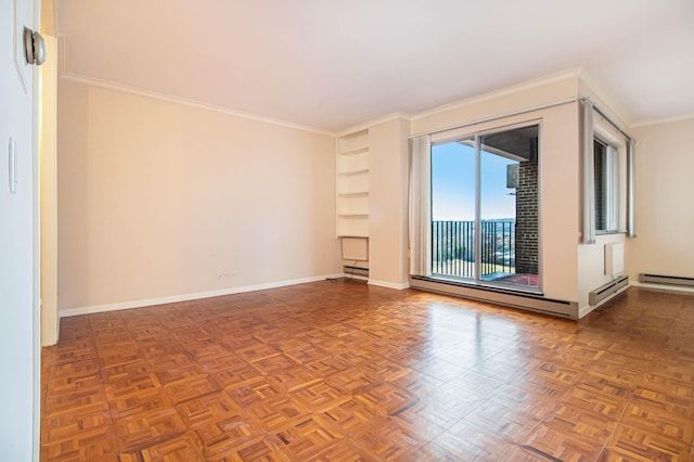 empty room with a baseboard radiator, crown molding, baseboard heating, and baseboards