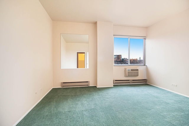 carpeted spare room featuring a baseboard radiator, an AC wall unit, baseboards, and baseboard heating