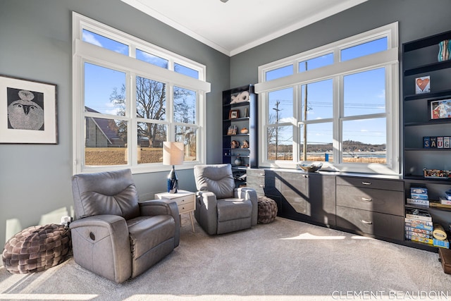 sitting room featuring plenty of natural light, carpet, and ornamental molding