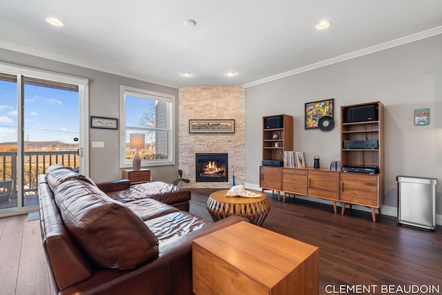 living area featuring a stone fireplace, recessed lighting, wood finished floors, baseboards, and ornamental molding