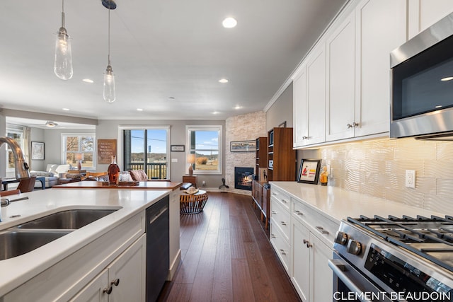 kitchen with a stone fireplace, stainless steel appliances, a sink, open floor plan, and dark wood-style floors