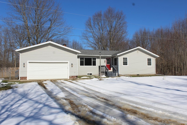 single story home featuring a shingled roof, crawl space, and an attached garage