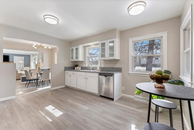 kitchen with a sink, glass insert cabinets, white cabinets, and dishwasher