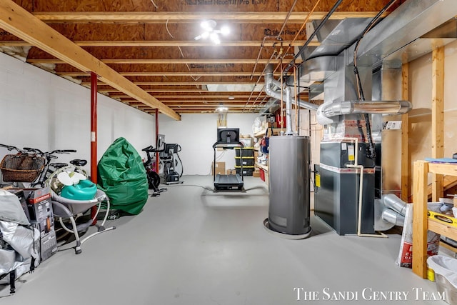 unfinished basement featuring water heater and heating unit