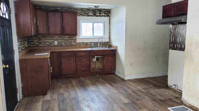 kitchen featuring tasteful backsplash, visible vents, wood finished floors, under cabinet range hood, and a sink